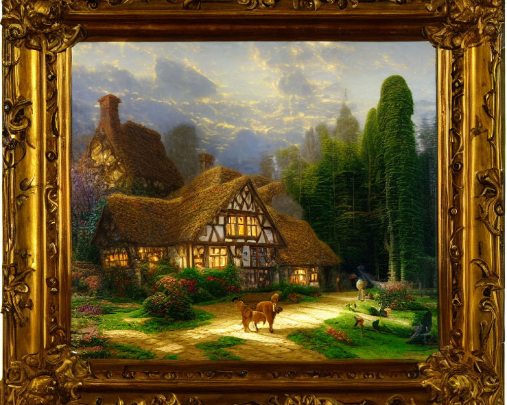 Quaint cottage painting with thatched roof in gold frame