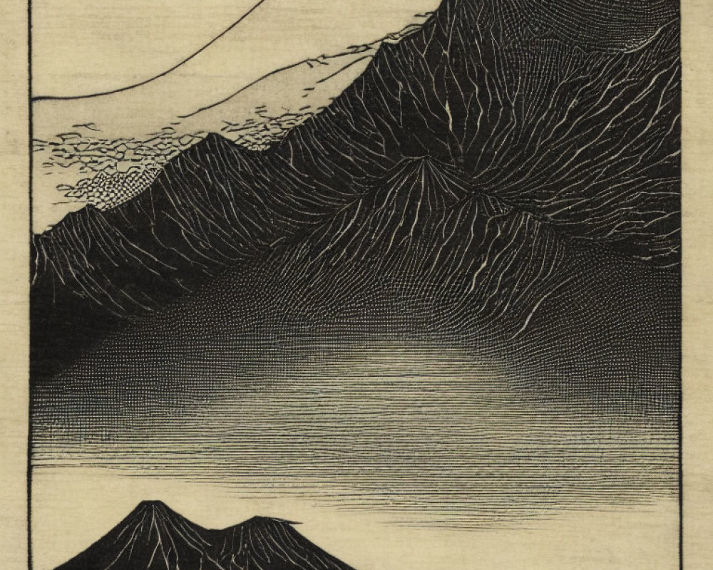 Detailed Woodblock Print of Serene Mountain Landscape