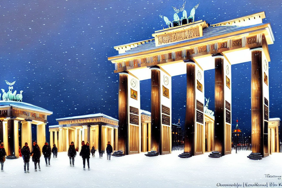 Nighttime scene of Brandenburg Gate with snowfall and people walking.
