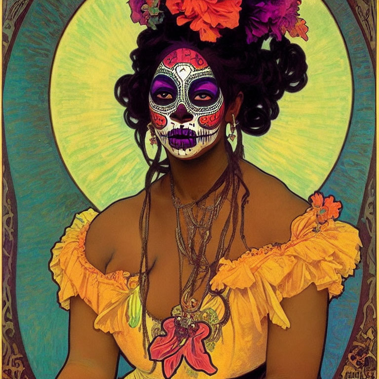 Woman in Dia de los Muertos face paint with floral headdress and yellow dress in circular background