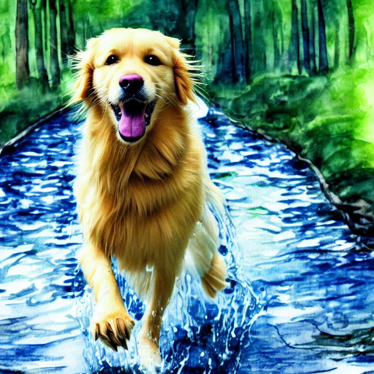 Golden retriever running in shallow stream with green forest background