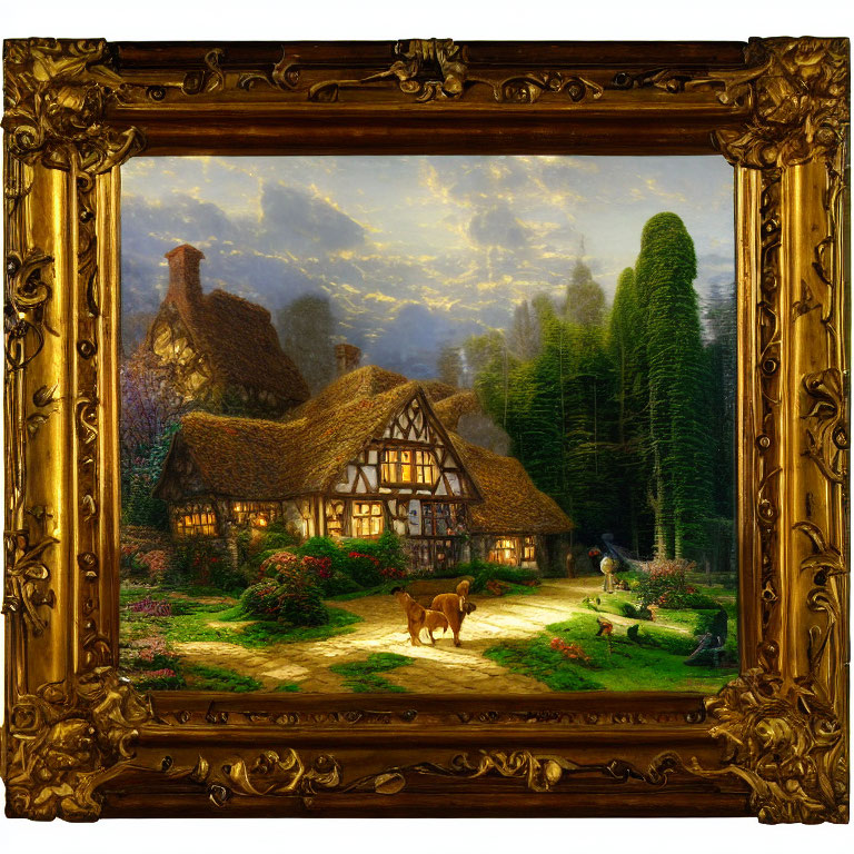 Half-timbered Hunting Lodge with Golden Retriever 