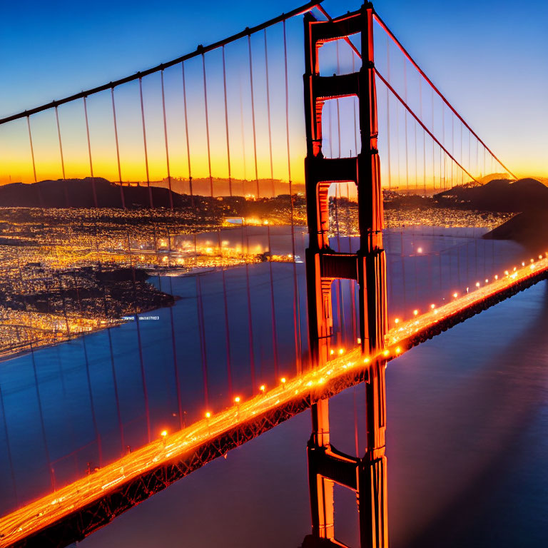 Iconic Golden Gate Bridge: Dusk Lights Reflecting on Water