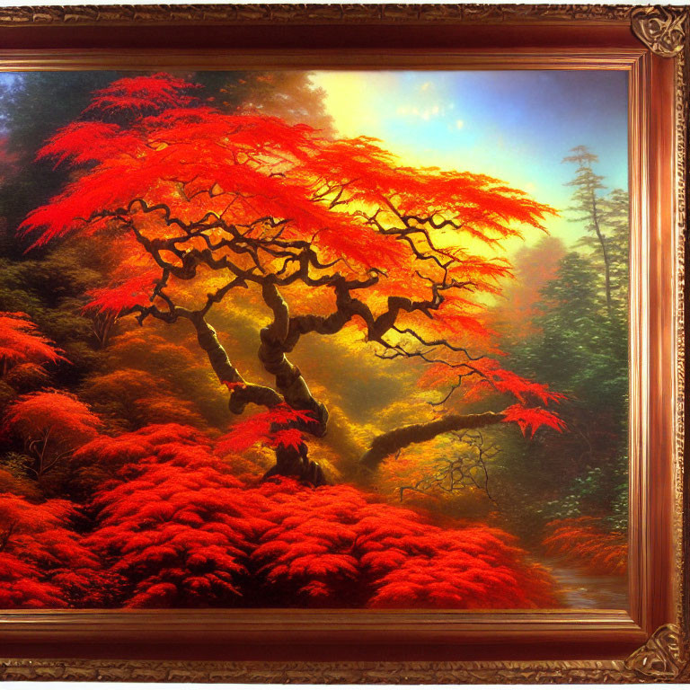 Framed painting: Vibrant autumn scene with red foliage and warm sunlight