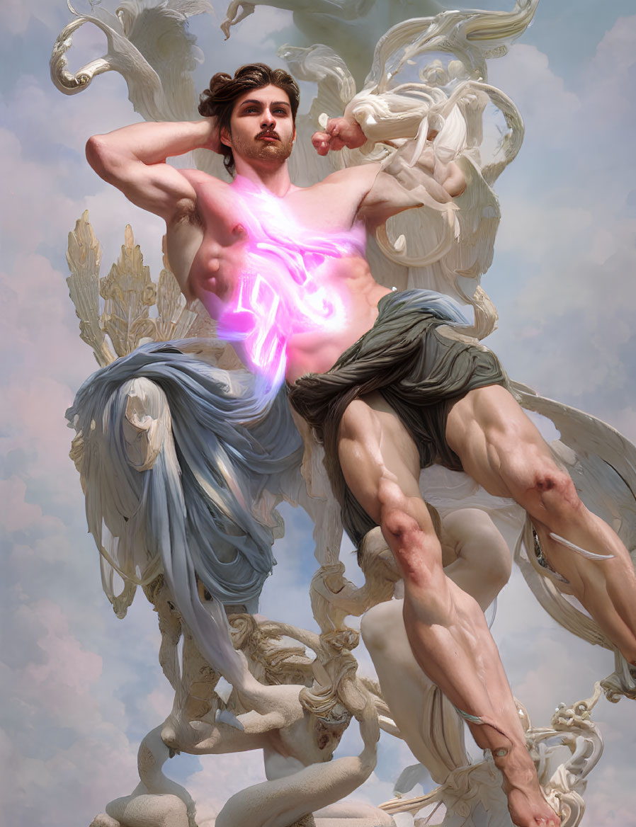 Mythical figure with glowing heart in swirling clouds