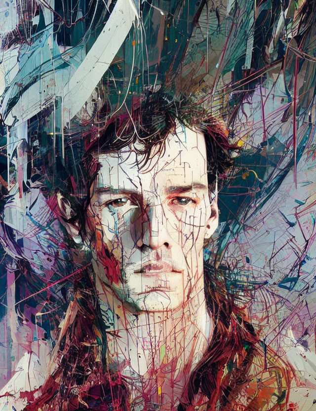 Colorful Abstract Digital Portrait with Expressive Streaks and Splatters