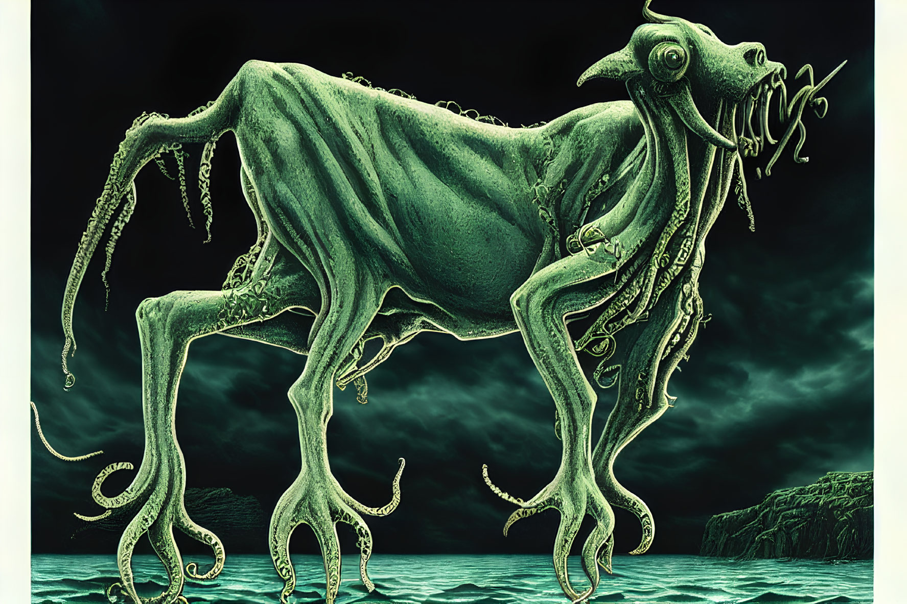 Surreal green-toned skeletal creature with tentacles in stormy seascape