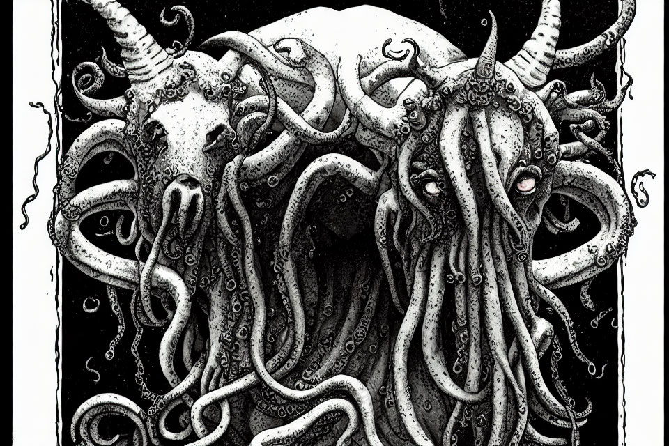 Monochrome illustration of horned creature with multiple tentacles