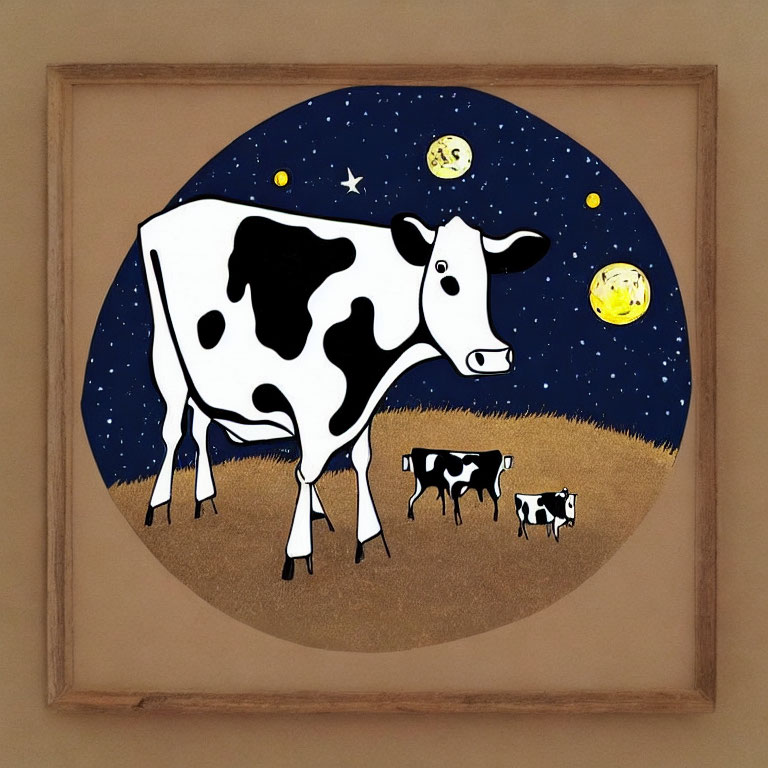 Whimsical painting of large cow under starry sky