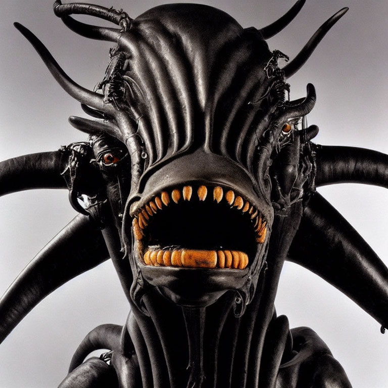 Detailed Close-Up of Black Alien Creature with Large Eyes and Horns