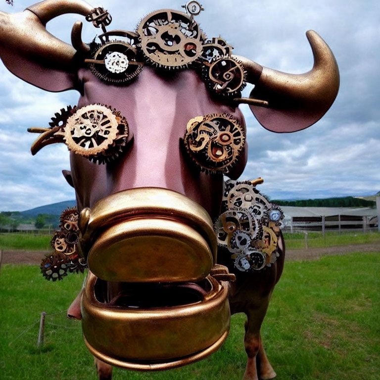  A Steampunk Cow Eating Metal Flowers