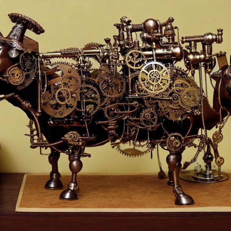 Intricate Steampunk Mechanical Bull Sculpture on Wooden Base