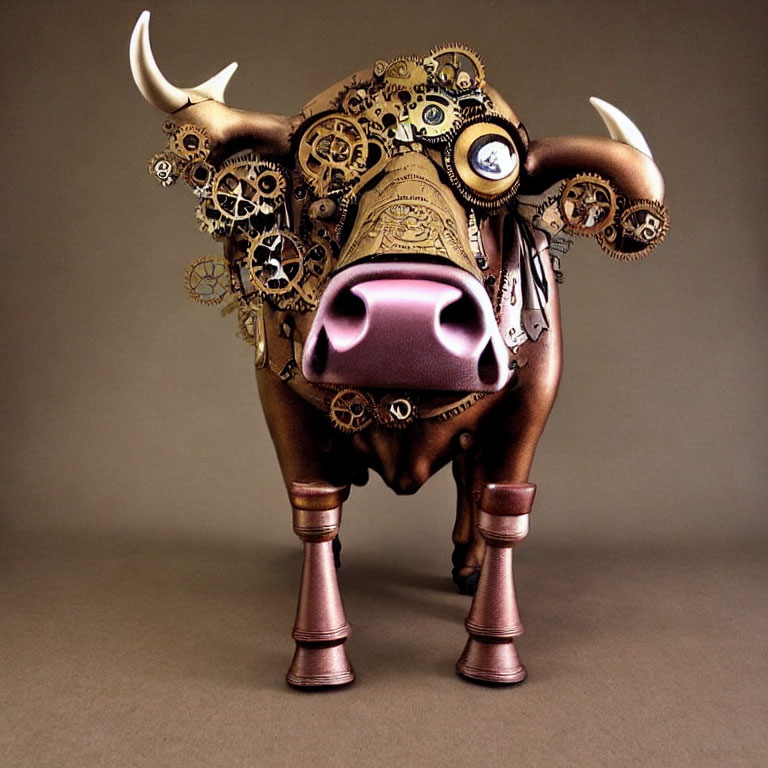 Steampunk-style Bull Sculpture with Gears and Clock Components