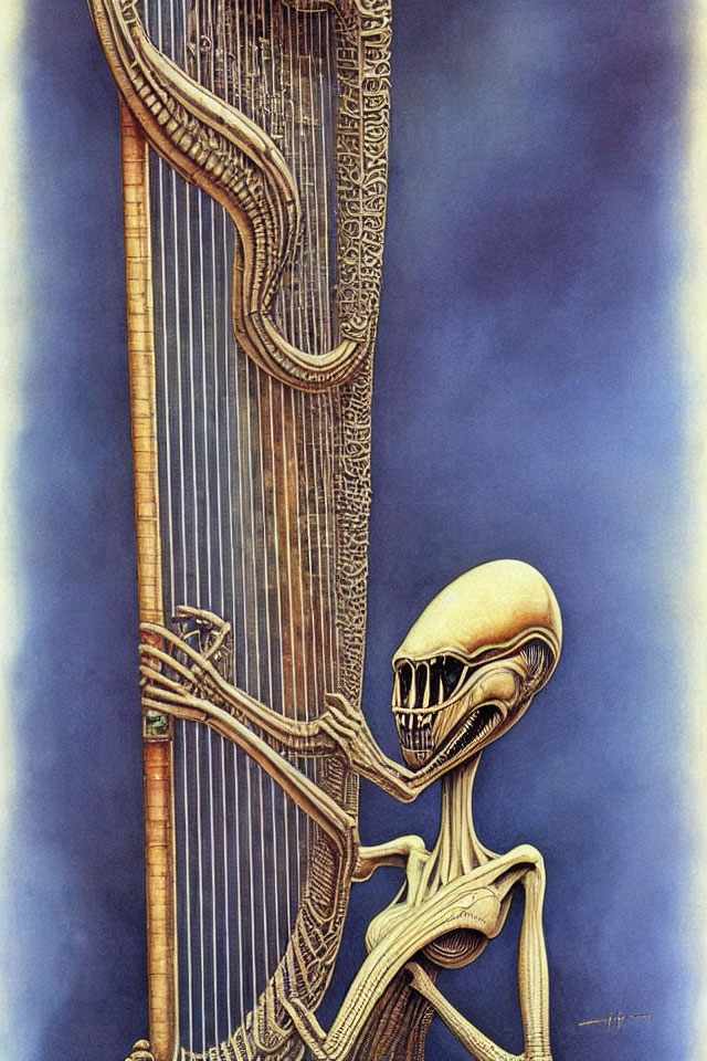 Elongated skull alien playing intricate harp on blue background