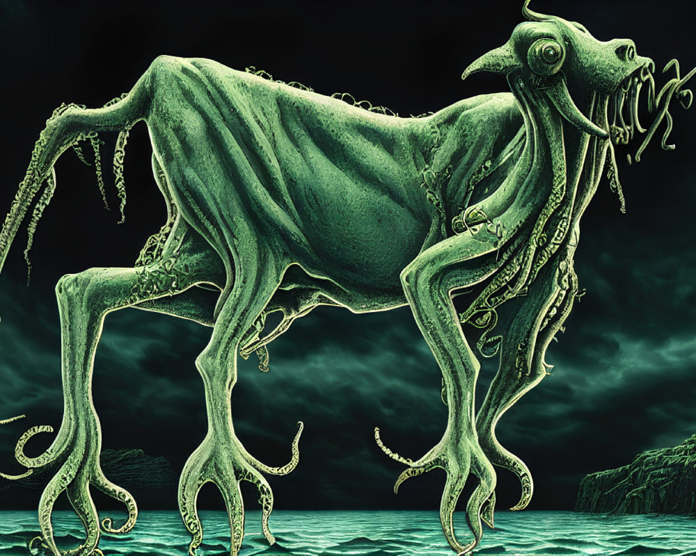 Surreal green-toned skeletal creature with tentacles in stormy seascape