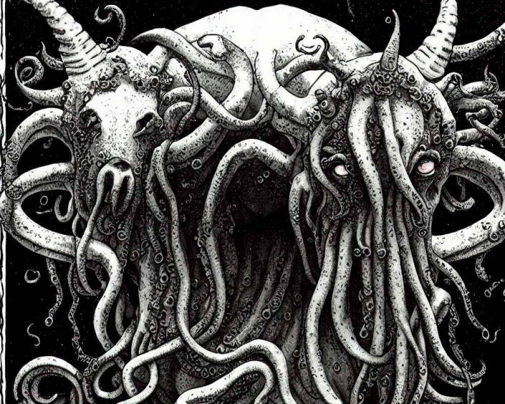Monochrome illustration of horned creature with multiple tentacles