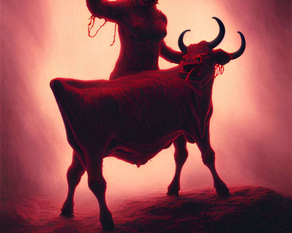 Stylized humanoid figure with horns riding a bull in red ambiance