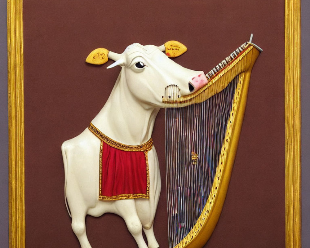 Whimsical cow art: cow in red and gold outfit playing harp