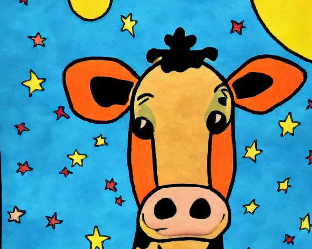 Cartoon Cow with Colorful Sky and Sun in Background