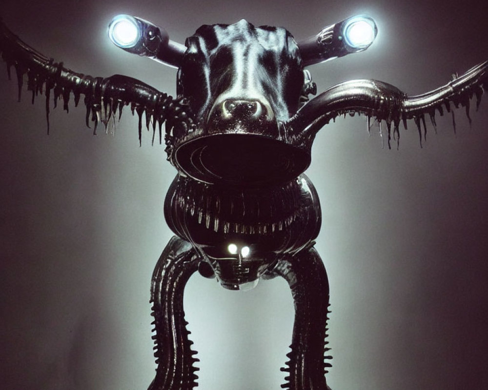 Surreal robotic sculpture with shiny black finish and bull-like head