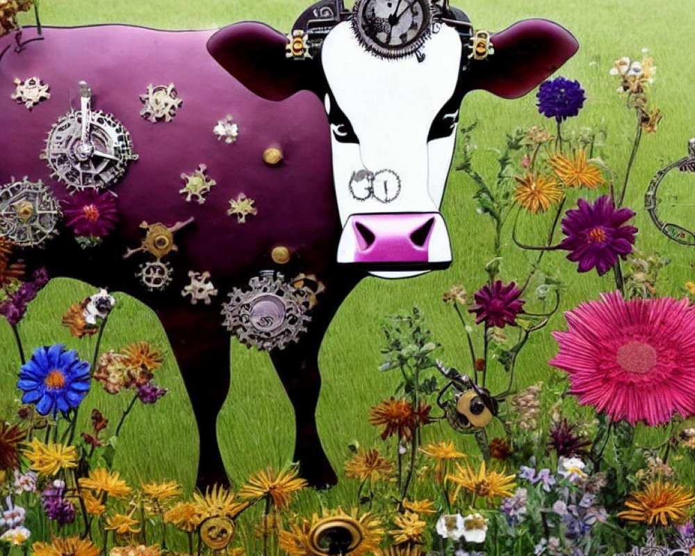 Steampunk cow with clock gears on vibrant floral background