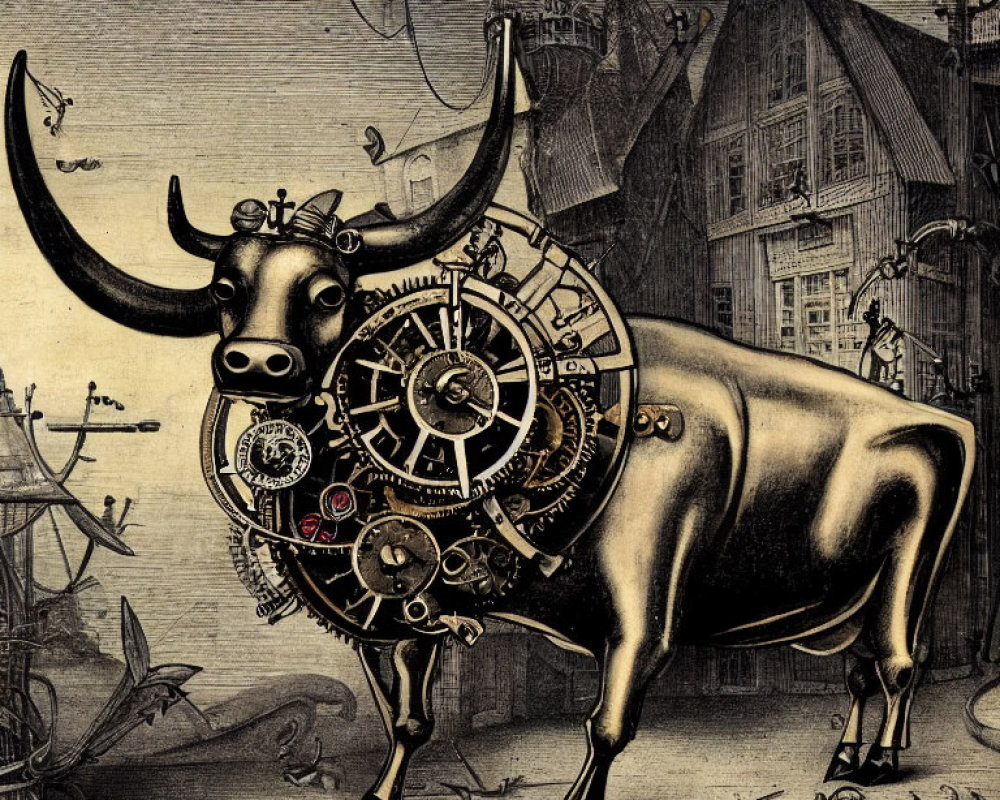 Steampunk bull with mechanical gears in a vintage cityscape