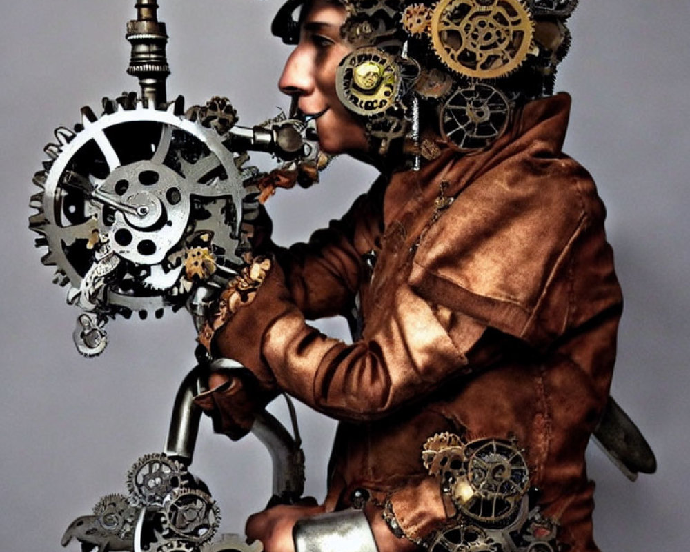 Steampunk-inspired outfit with gear headpiece on grey background