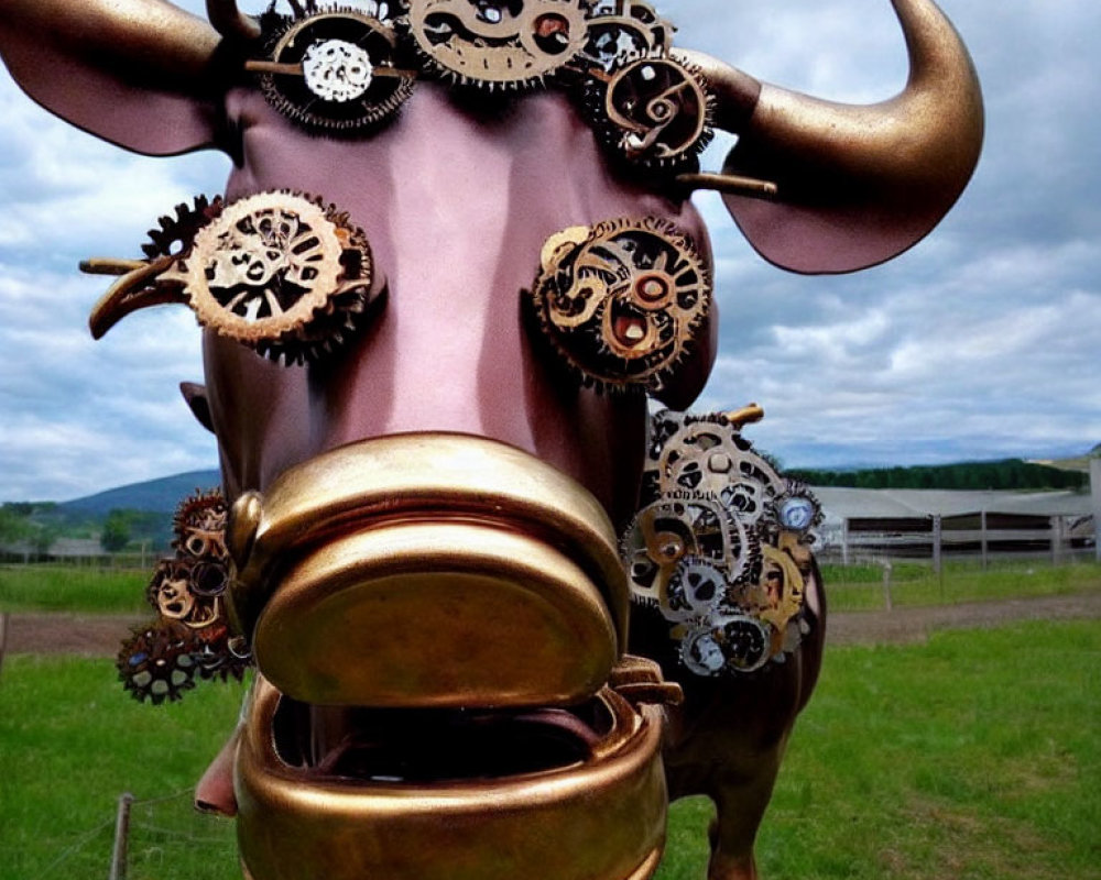 Steampunk bull sculpture with mechanical gears under cloudy sky