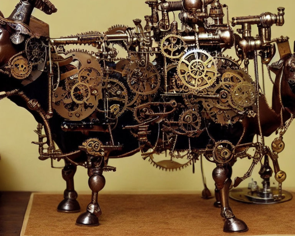 Intricate Steampunk Mechanical Bull Sculpture on Wooden Base