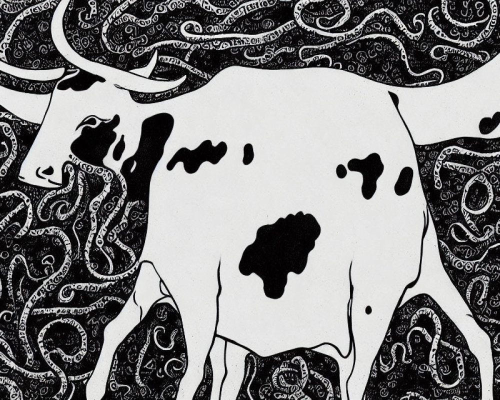 Detailed black and white cow illustration with paisley and floral patterns