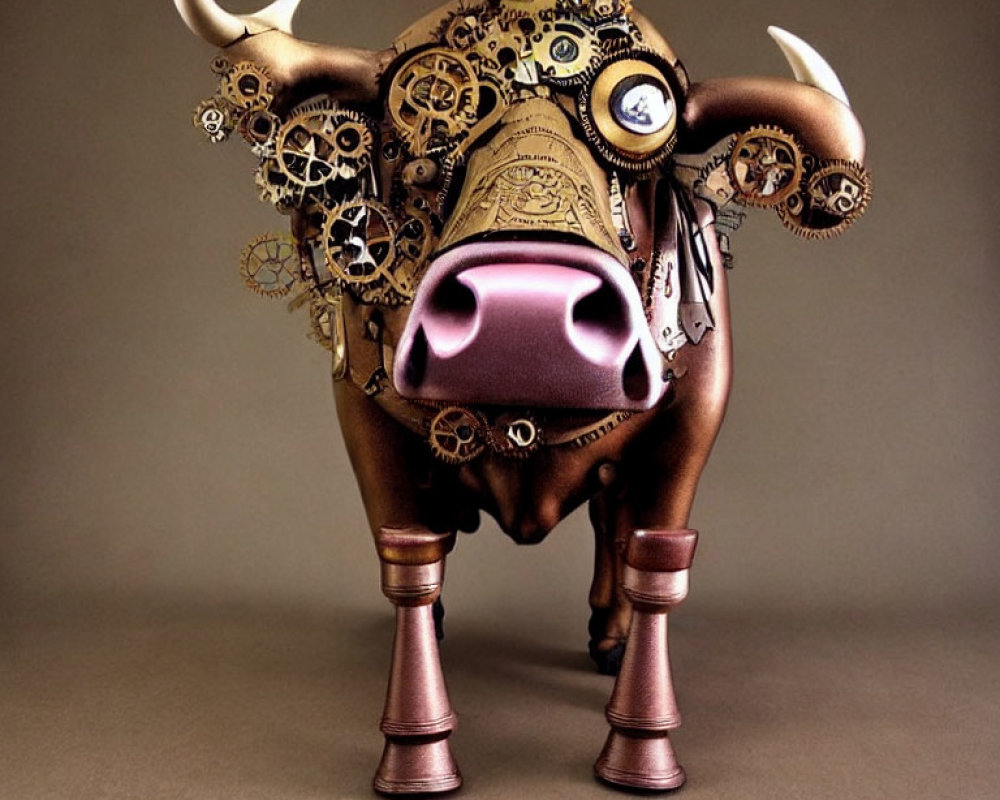 Steampunk-style Bull Sculpture with Gears and Clock Components