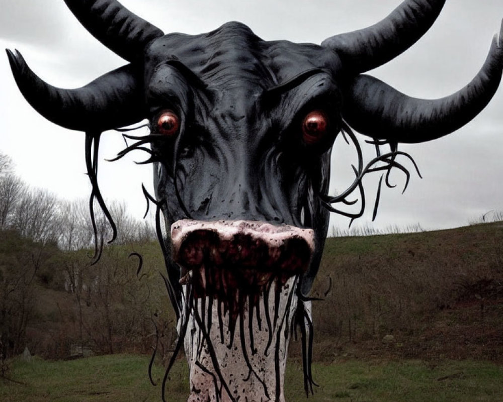 Dark, Sinister Bull with Glowing Red Eyes in Gloomy Field