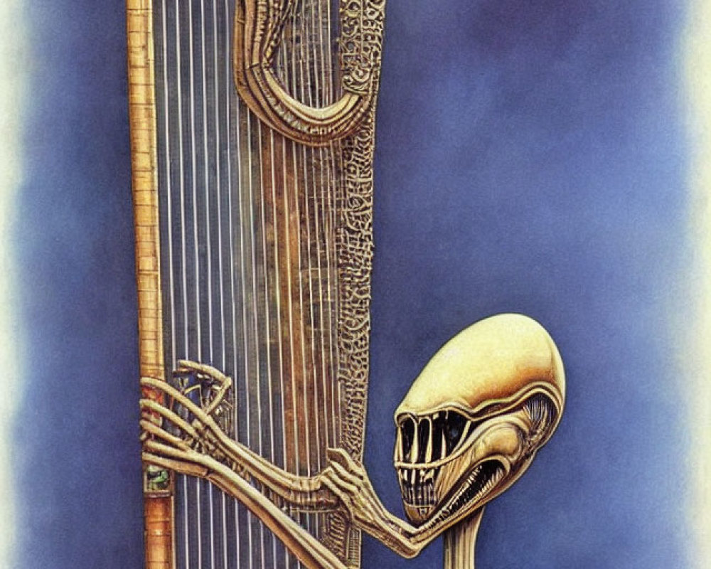 Elongated skull alien playing intricate harp on blue background