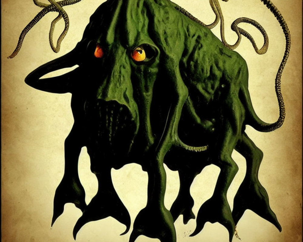 Green Cthulhu-like Creature with Tentacles and Clawed Feet on Sepia Background