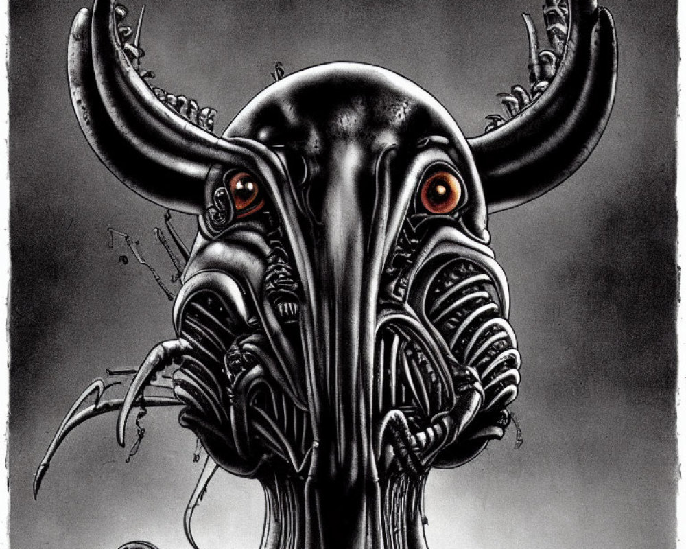 Monochrome artwork of creature with skull-like face and glowing red eyes