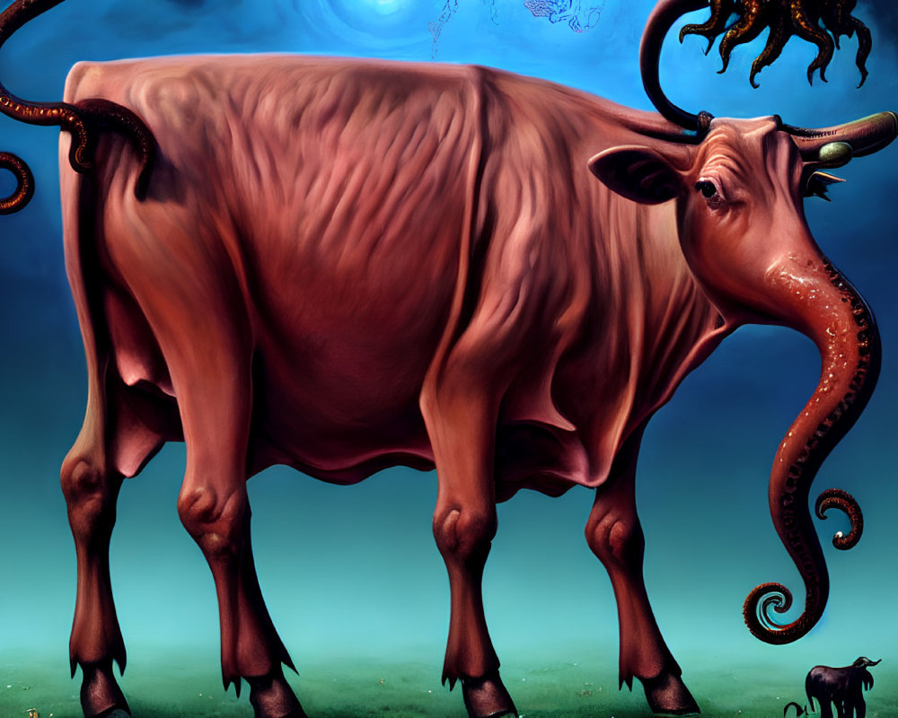 Surreal cow with octopus tentacles on mystic blue background.