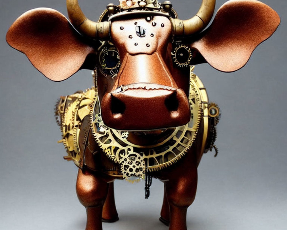 Steampunk-inspired metallic bull sculpture with brass gears and ornate embellishments