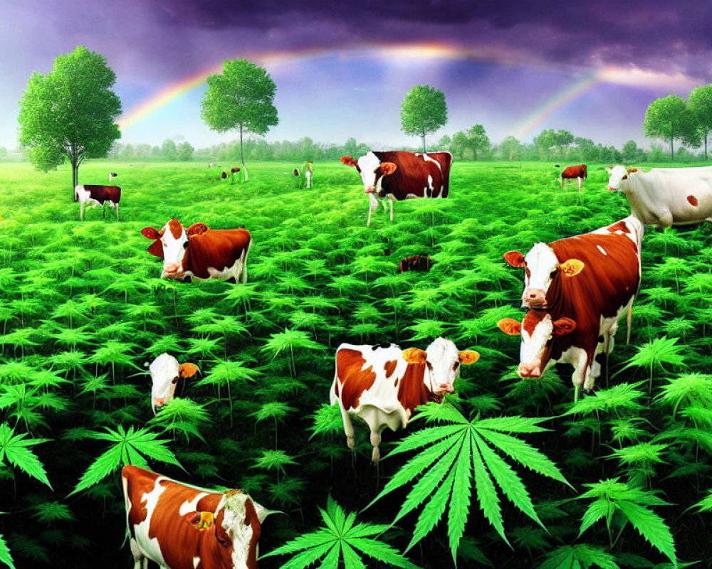 Cows grazing in green field with cannabis leaves and rainbow sky