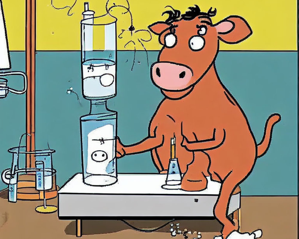 Cartoon cow conducting chemistry experiment at lab bench