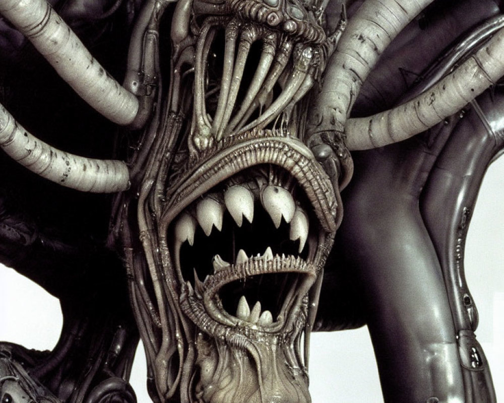 Detailed Close-Up of Xenomorph Head with Sharp Teeth and Biomechanical Design
