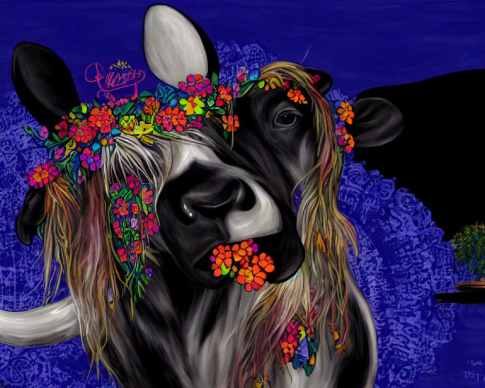 Colorful Cow with Flower Crown on Deep Blue Background