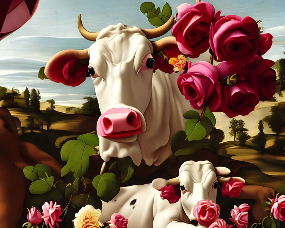Colorful Cow with Pink Nose Surrounded by Roses in Pastoral Landscape