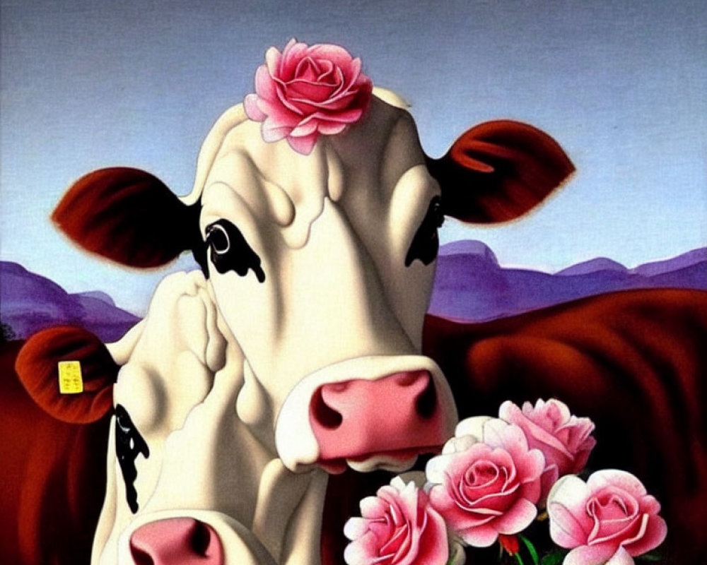 Whimsical painting of cows with pink roses and purple hills