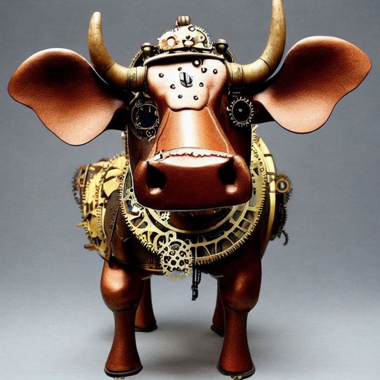 Steampunk-inspired metallic bull sculpture with brass gears and ornate embellishments