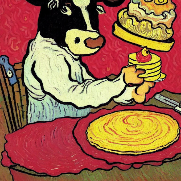 Whimsical painting of cow chef serving pancakes & pie