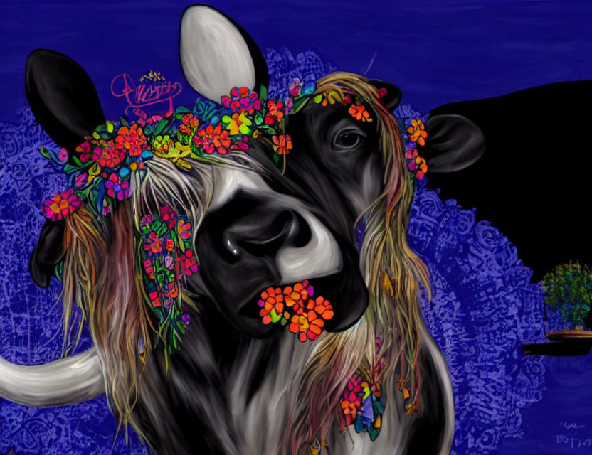 Colorful Cow with Flower Crown on Deep Blue Background