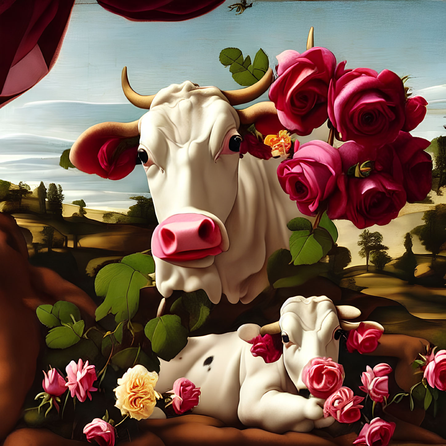Colorful Cow with Pink Nose Surrounded by Roses in Pastoral Landscape