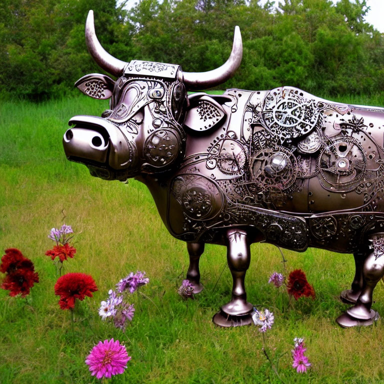 Metallic Bull Sculpture with Ornate Patterns in Green Field