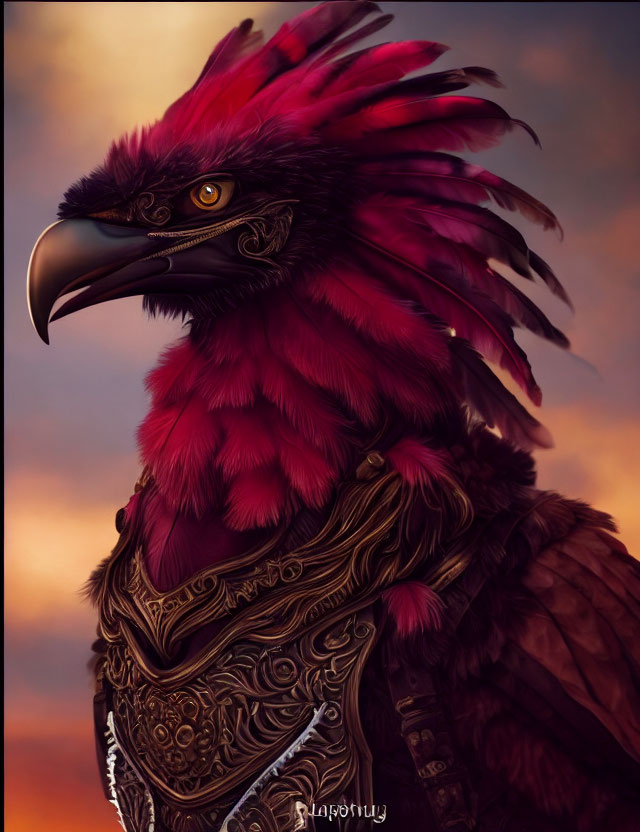 Anthropomorphic bird with red plumes and metallic armor against sunset sky