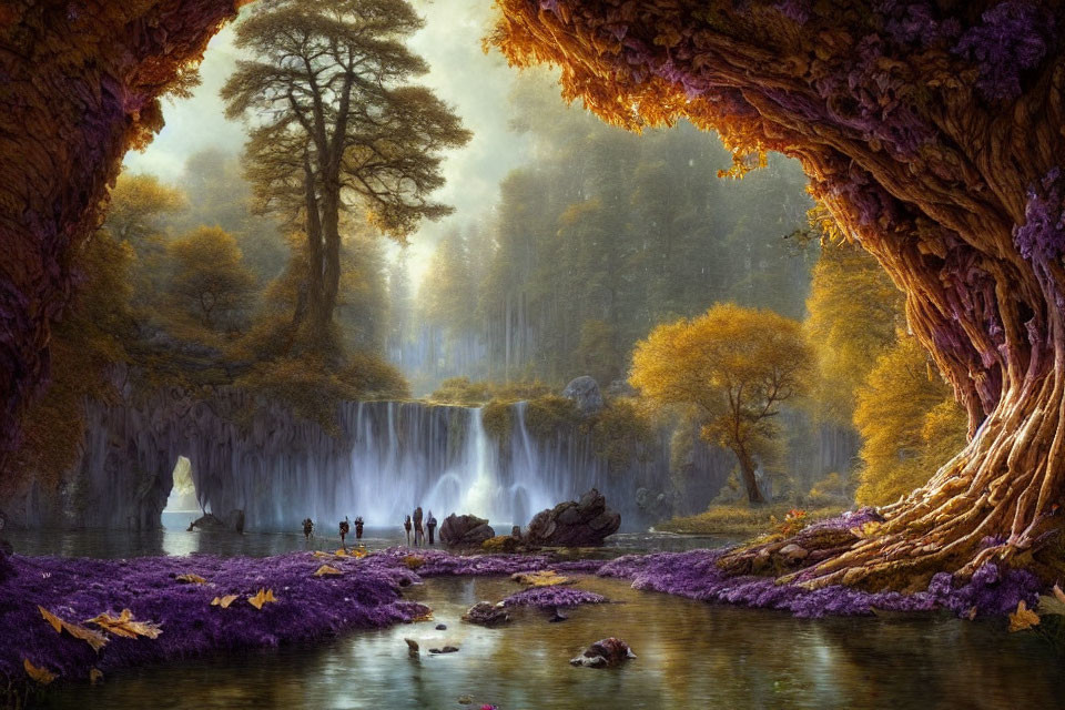 Tranquil landscape with waterfall, autumn trees, purple foliage, and rocky formations